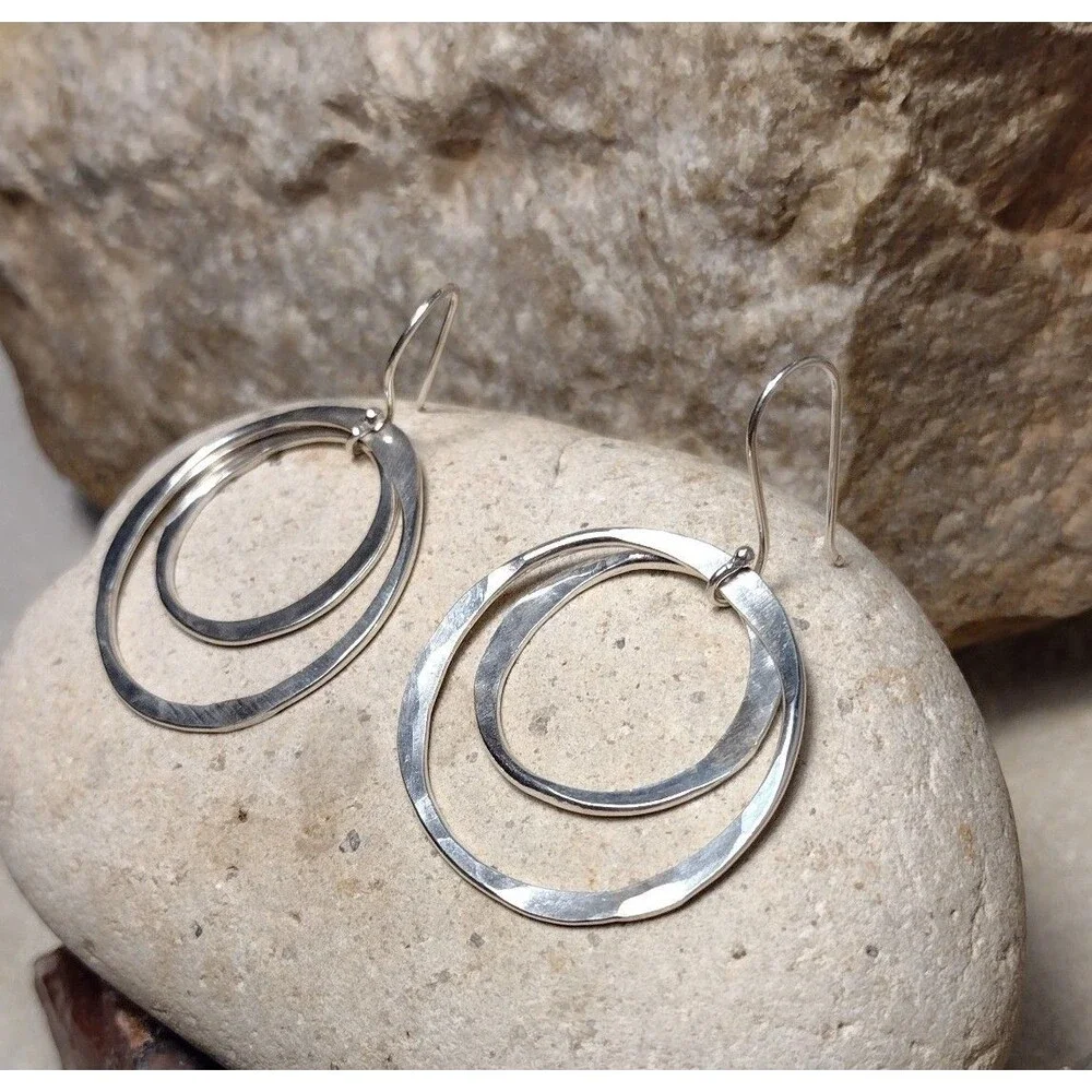 Hammered Sterling Silver 925 Double Hoop Circle Dangle Earrings 2